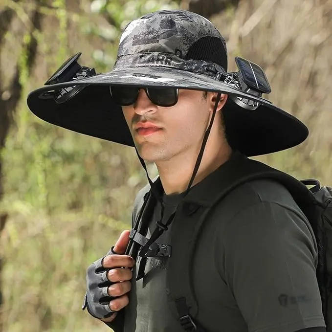 Outdoor Wide Brim Sun Hat with 2 Solar Fans, UV Protection for Men & Women, Cooling Hat for Camping & Hiking | Bowlift