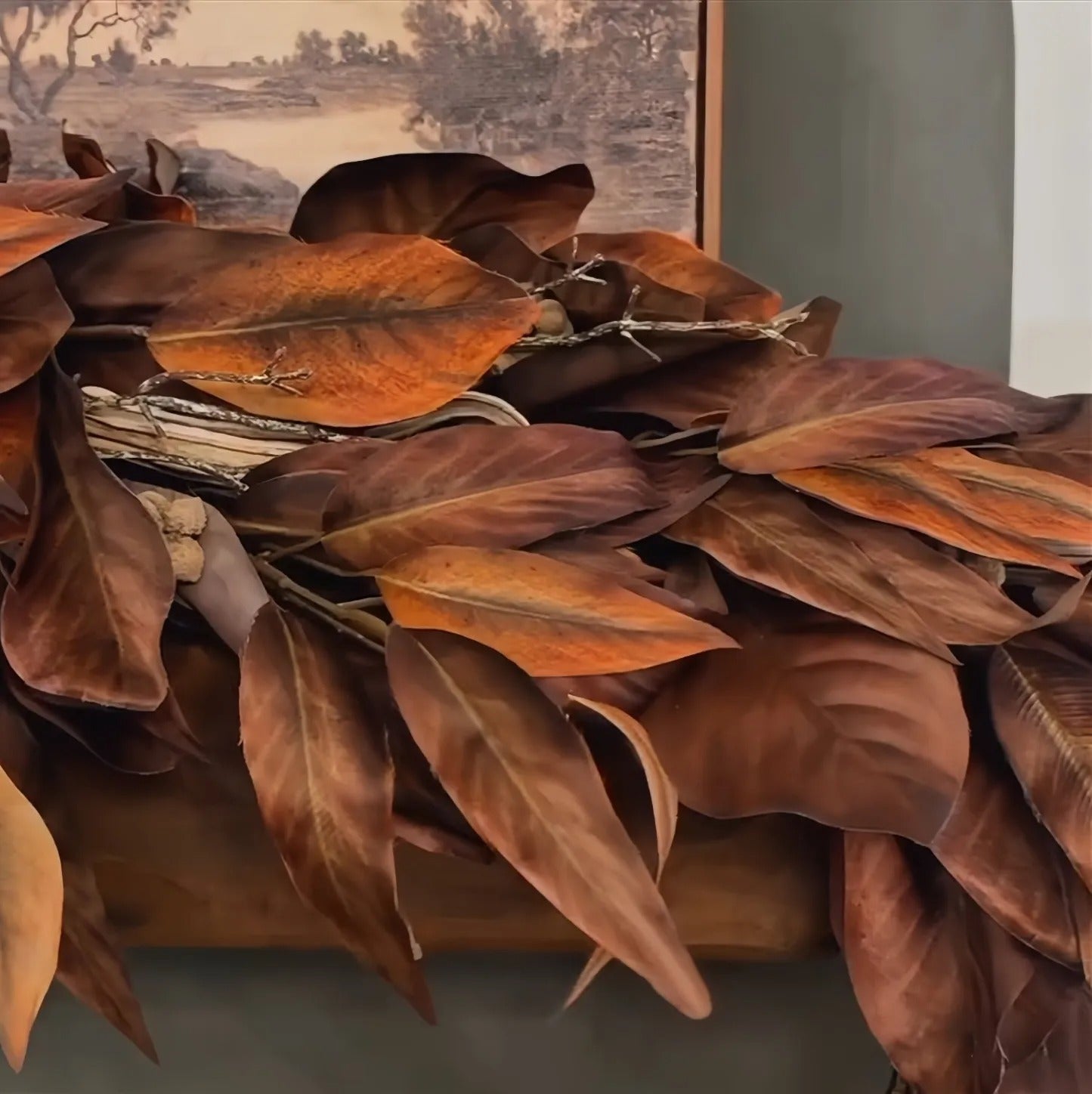 BowLift | Brown Magnolia Leaf Garland – realistic autumn decoration for indoor and covered outdoor areas