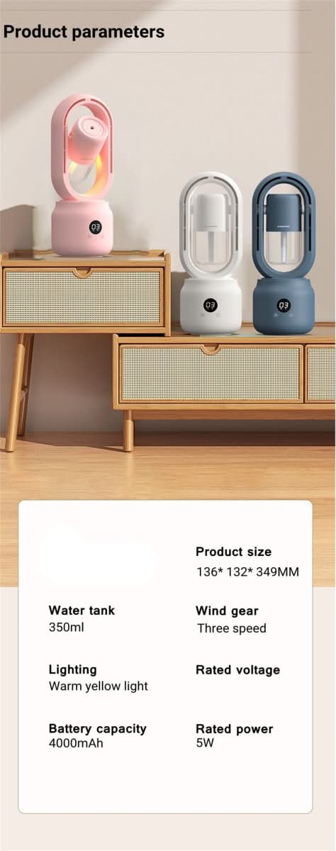 BowLift | Portable fan without blades with humidifier and night light for refreshing comfort