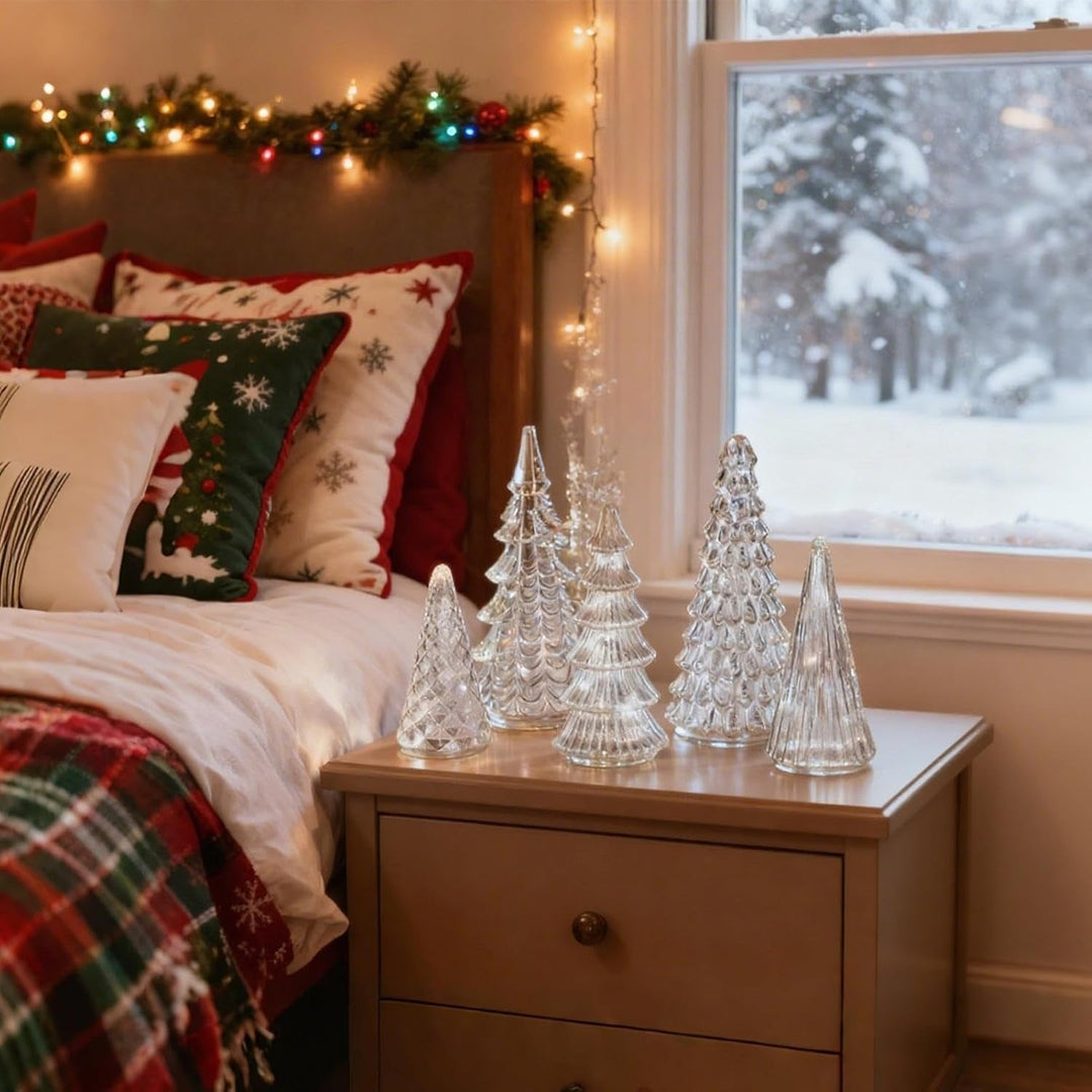 BowLift | GlansPine LED Pine Set – 5-piece Silver Christmas Decoration with Warm Light