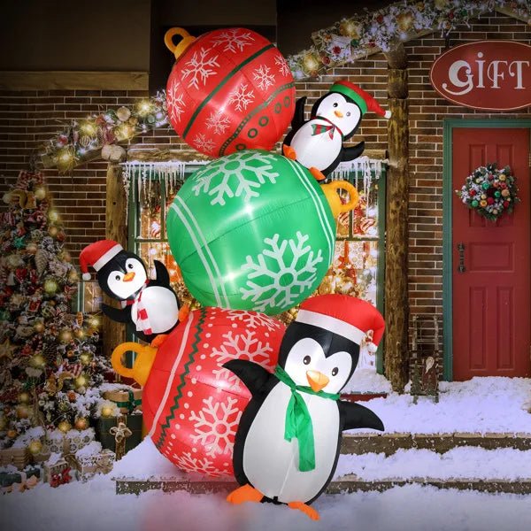 BowLift | Inflatable Lighted Christmas Penguins & Colorful Balls Decorations – 8.9 FT Festive Penguins & Colorful Balls for Fun Yard Display