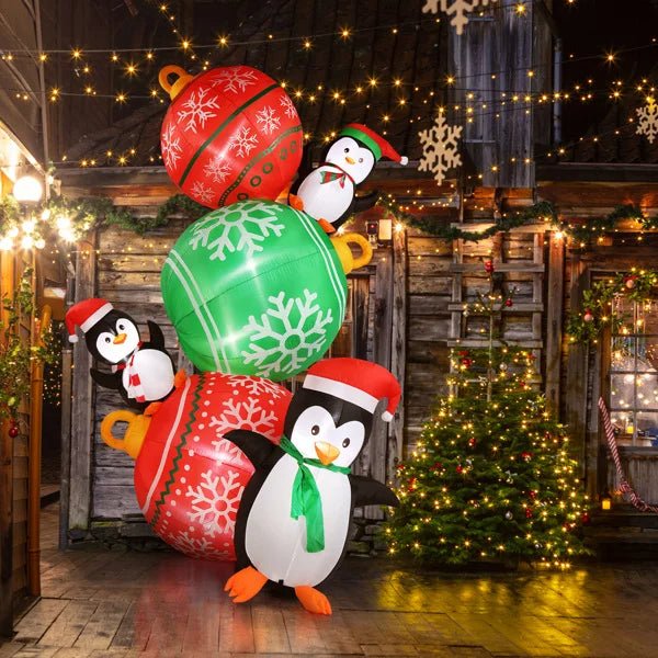 BowLift | Inflatable Lighted Christmas Penguins & Colorful Balls Decorations – 8.9 FT Festive Penguins & Colorful Balls for Fun Yard Display