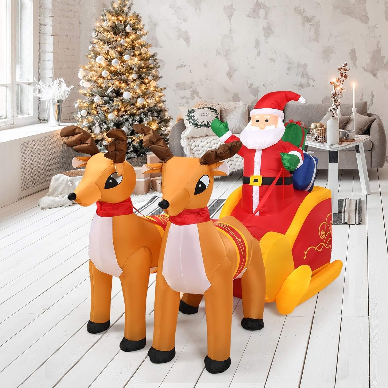 BowLift | Inflatable Santa Claus Christmas Decor -  Inflatable Santa on Sleigh with Reindeer Holiday Decoration