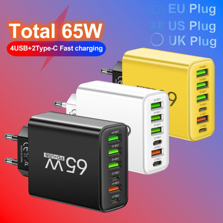 BowLift | PowerMax 65W 6-in-1 Fast Charger – Charge Up To 6 Devices Simultaneously – Ideal For Home, Office and Travel