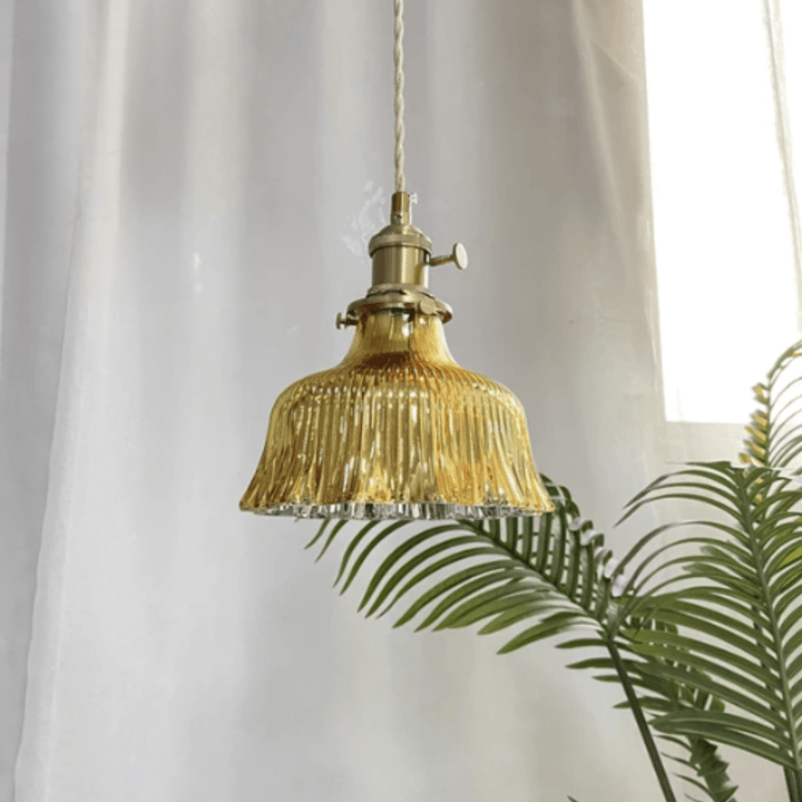 Vintage Scandinavian Glass Pendant Lamp | Retro Design with Copper and Walnut Finish for Dining Room and Bedroom | Bowlift