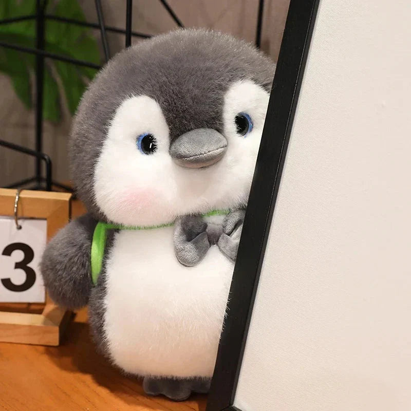 BowLift | Fluffy Gray Penguin Plushie with Turtle Backpack