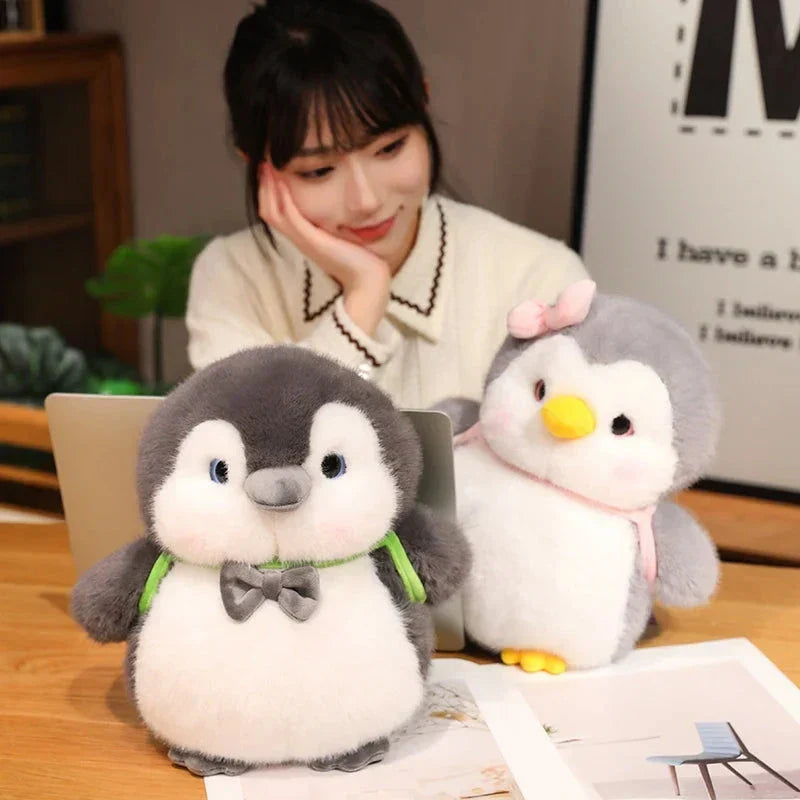 BowLift | Fluffy Gray Penguin Plushie with Turtle Backpack