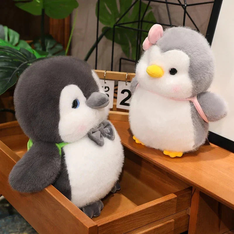 BowLift | Fluffy Gray Penguin Plushie with Turtle Backpack