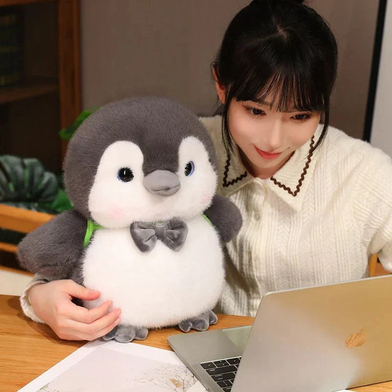 BowLift | Fluffy Gray Penguin Plushie with Turtle Backpack