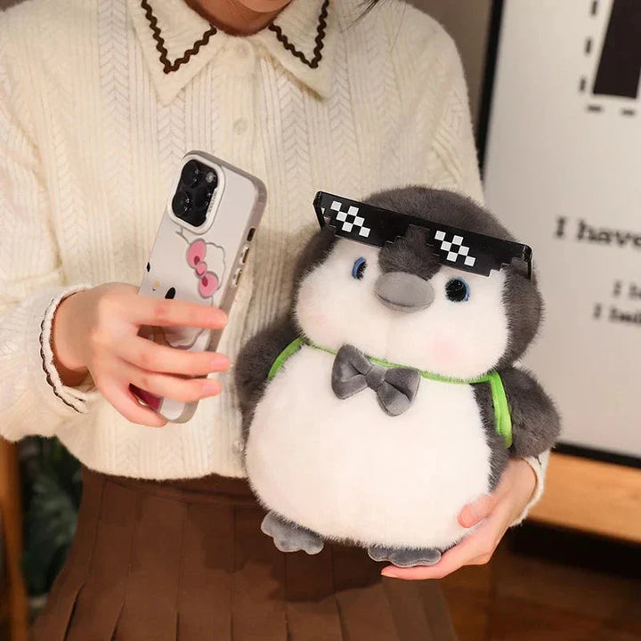 BowLift | Fluffy Gray Penguin Plushie with Turtle Backpack