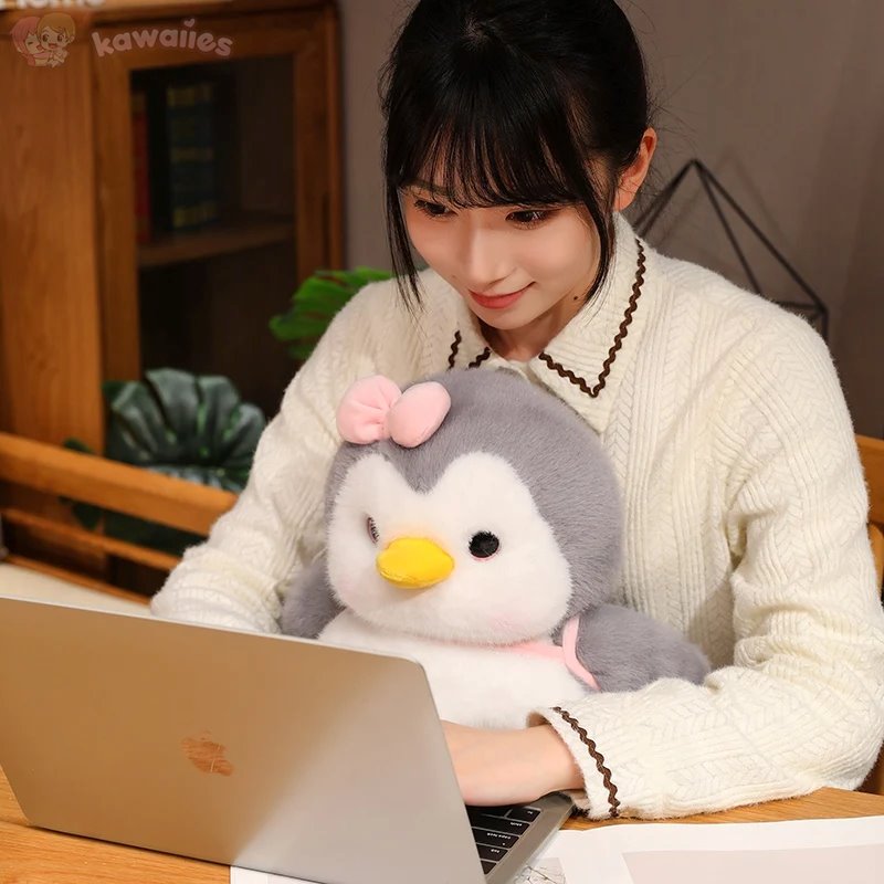 BowLift | Fluffy Gray Penguin Plushie with Turtle Backpack