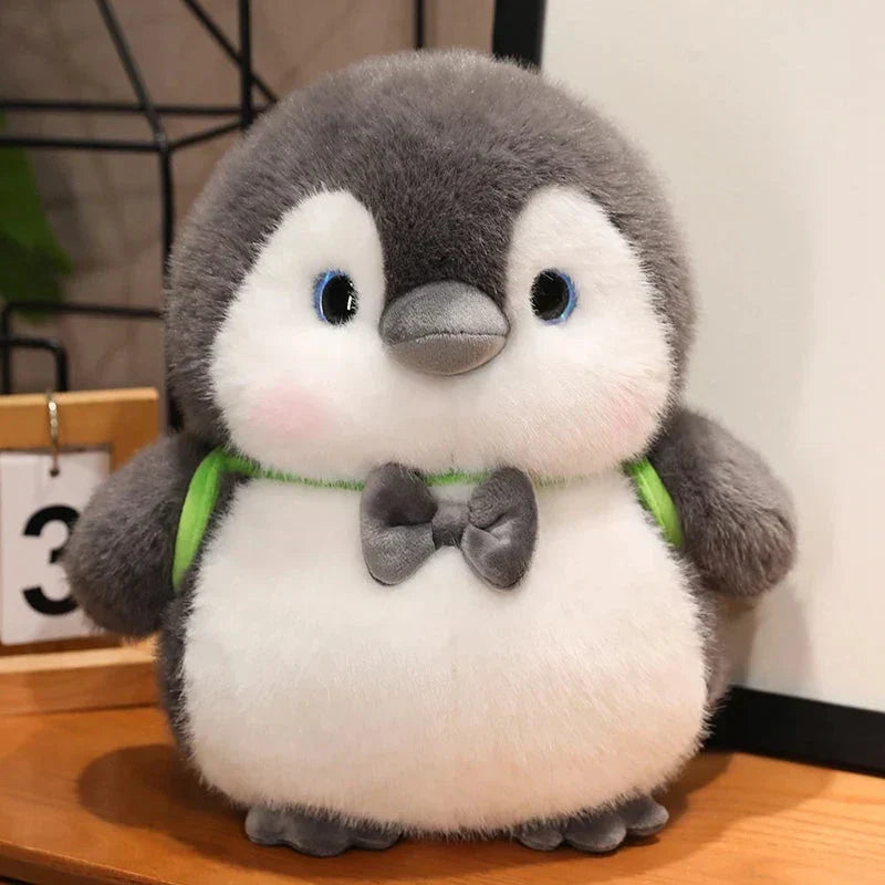 BowLift | Fluffy Gray Penguin Plushie with Turtle Backpack