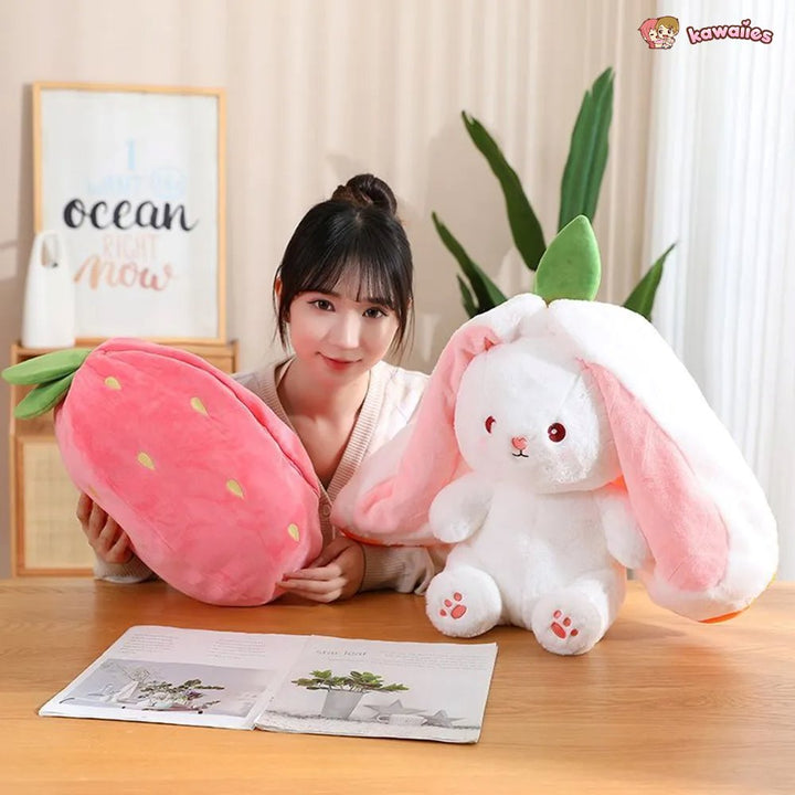 BowLift | Fluffy Strawberry Carrot Bunny Zip Up Plushie
