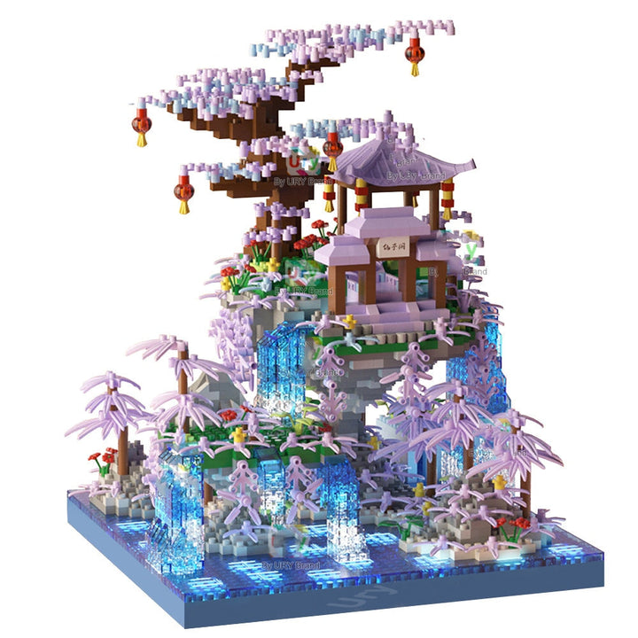 BowLift | Purple Sakura Floating Pavilion Waterfall Island Nano Building Set