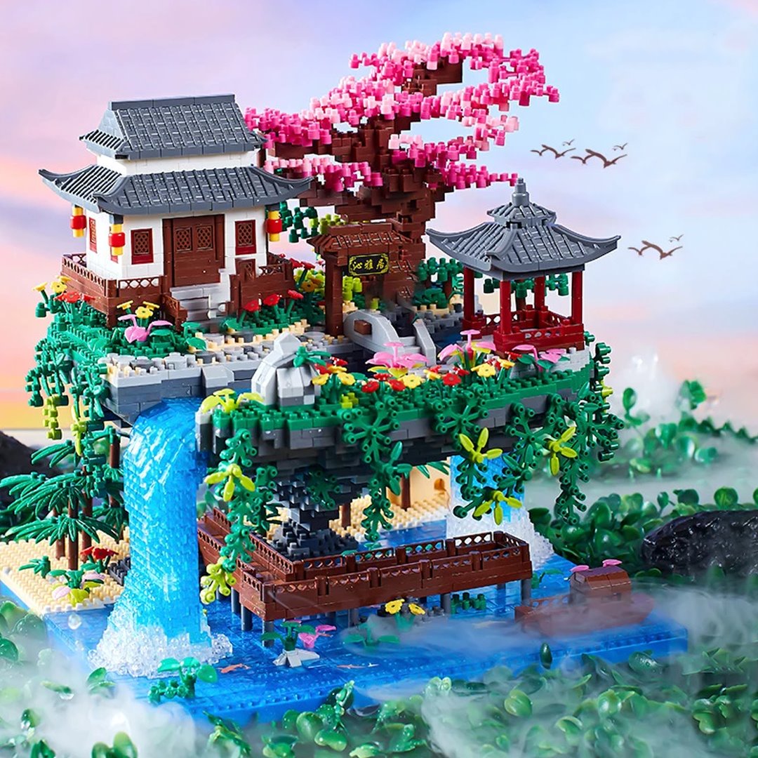 BowLift | Waterfall Japanese House Sakura Tree Floating Island Nano Building Blocks | Limited Stock
