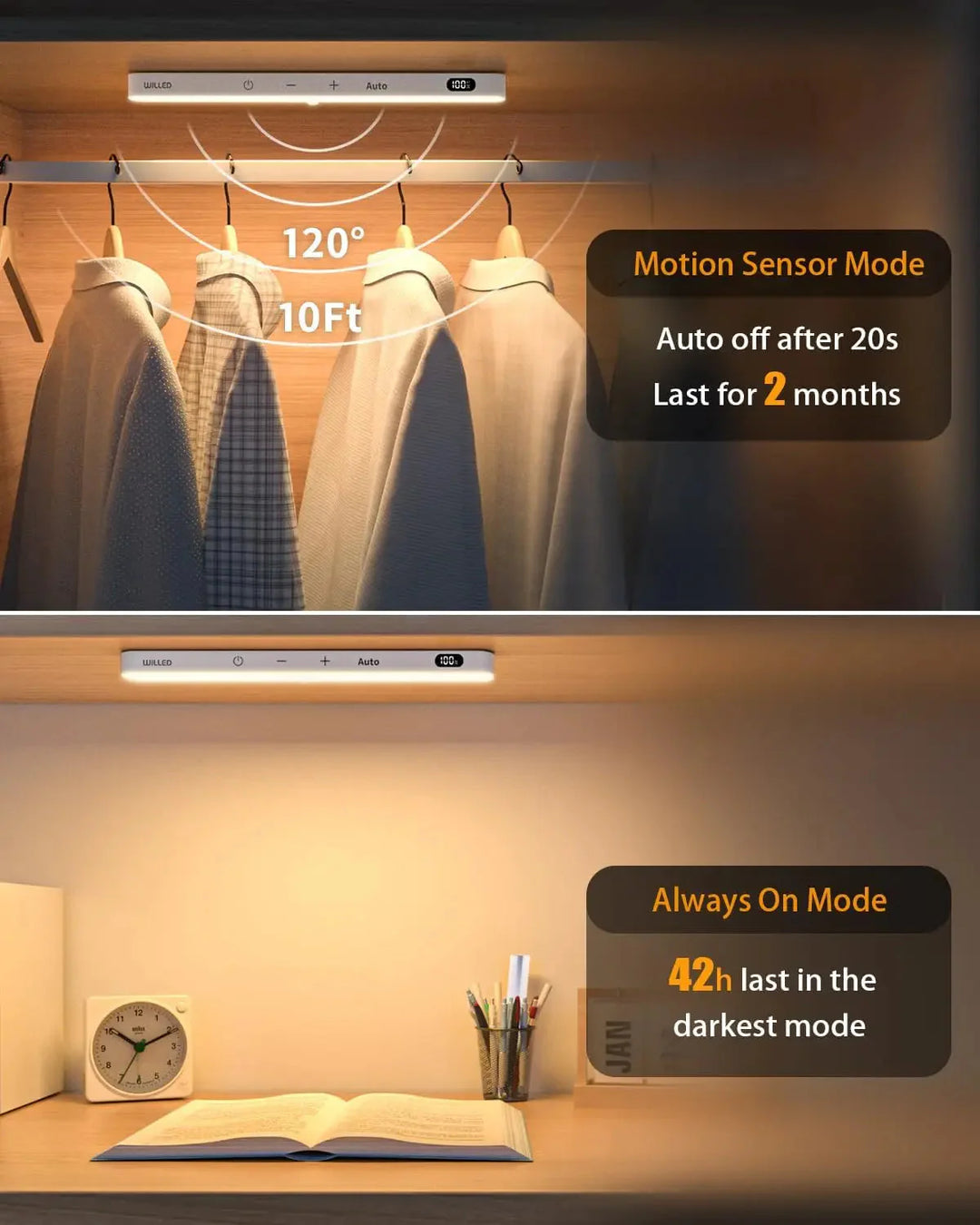 Kitchen Motion Sensor Light Indoor Battery Display 60 LED Touch Light Bar | Bowlift