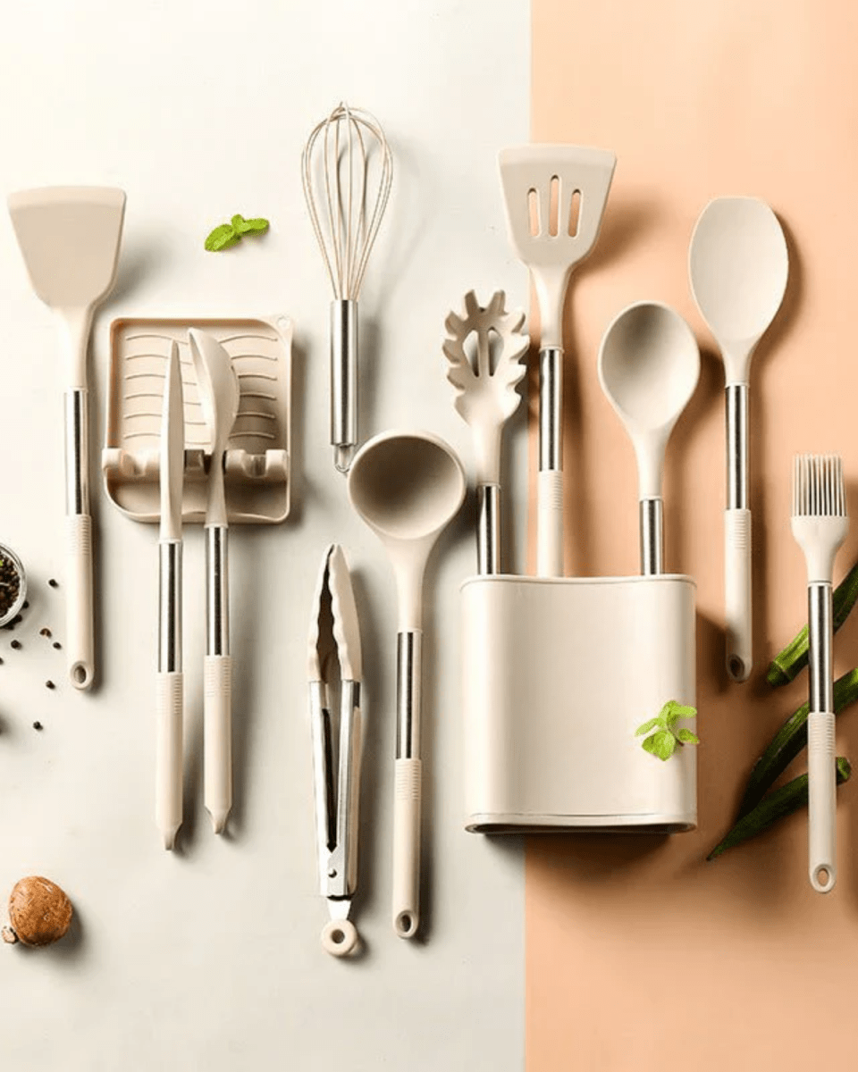 BowLift | KITCHENORA – Complete Utensil Set with Silicone Heads & Wood-Style Handles