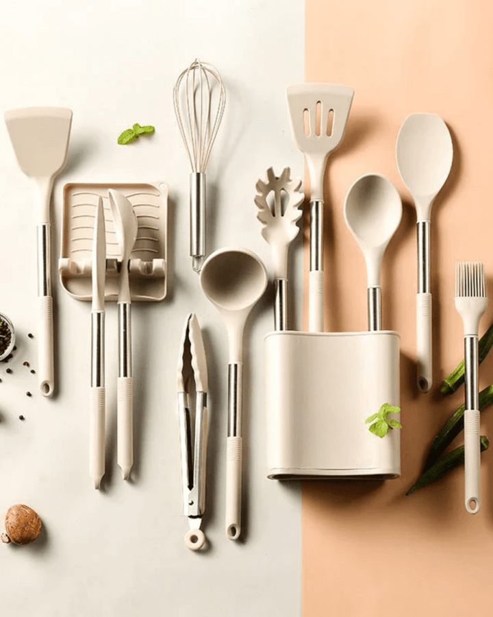 BowLift | KITCHENORA – Complete Utensil Set with Silicone Heads & Wood-Style Handles
