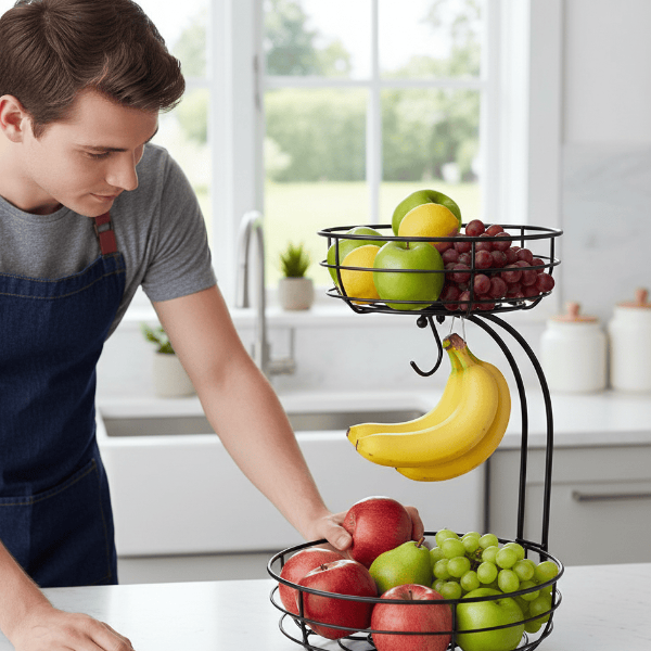 BowLift | KITCHENOVA FRUIT HAVEN – 2-Tier Metal Fruit Basket with Banana Holder