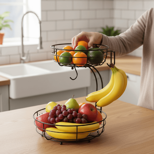 BowLift | KITCHENOVA FRUIT HAVEN – 2-Tier Metal Fruit Basket with Banana Holder