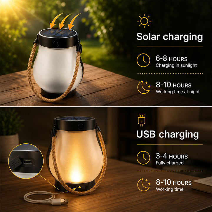 Solar Lantern Ø12 cm with Flame Effect Light and Hemp Rope | Bowlift