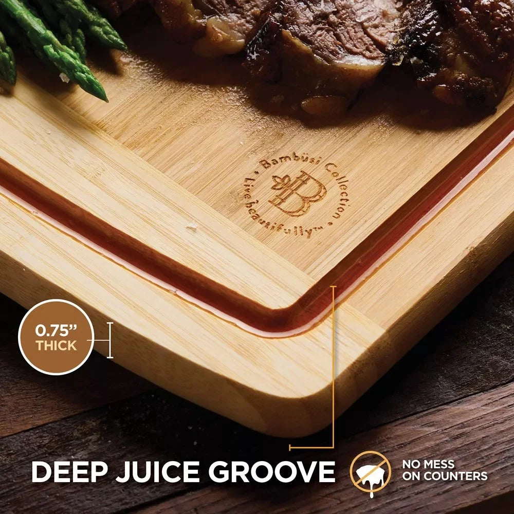 Large Bamboo Cutting Boards Set of 2 Non-Slip Kitchen Chopping Block | Bowlift