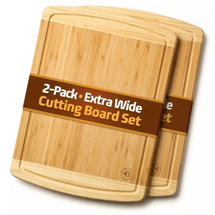 Large Bamboo Cutting Boards Set of 2 Non-Slip Kitchen Chopping Block | Bowlift
