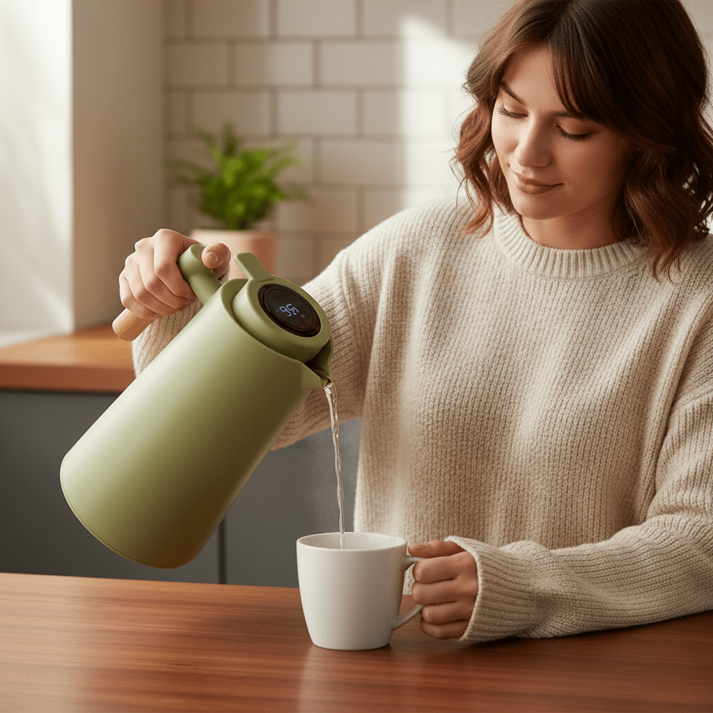 BowLift | Lattea – Thermal Jug with Temperature Display, Leak-Proof Design & Wooden Handle