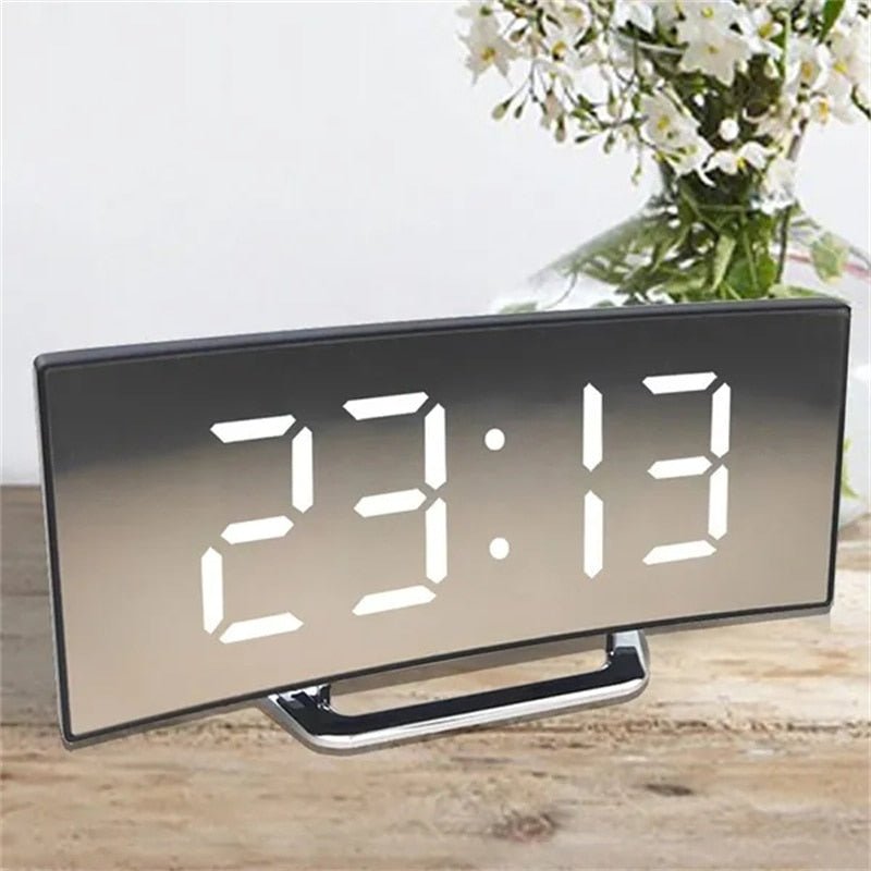 BowLift | LED Digital Alarm Clock – Curved Mirror Display, Table Clock with Snooze Function, Electronic Table Display, Bedroom and Living Room Decor