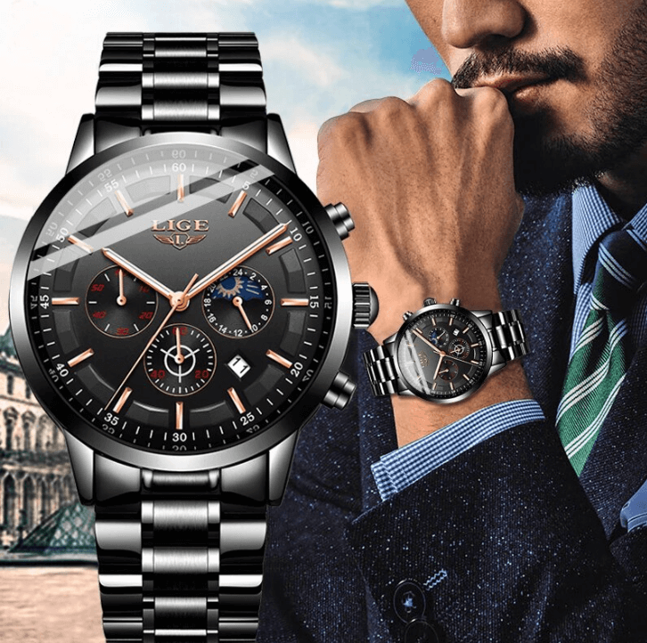 BowLift | Military Black Steel Watch – Men's Stainless Steel Wristwatch with Day, Date & Night Display