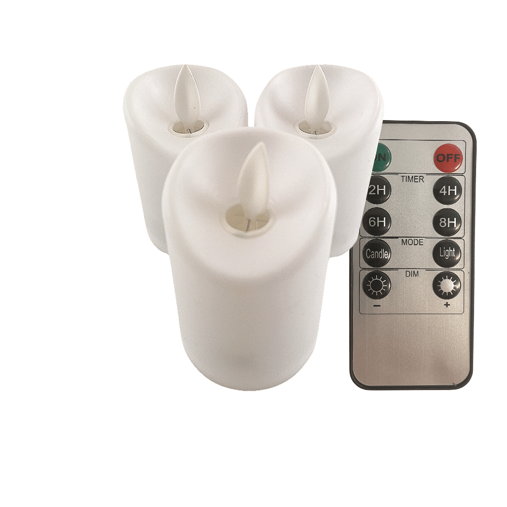 LED light white in plastic - with movable flame and remote control (3 pieces) | Bowlift