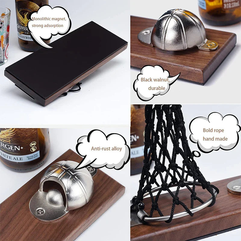 Magnetic Stainless Steel Basketball Bottle Opener Wooden Beer Opener | Bowlift