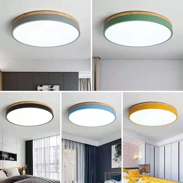 BowLift | Wooden Round Shape Flush Ceiling Light | LED. Solid Wood & Iron for Living Room. Dining Room & Hallway