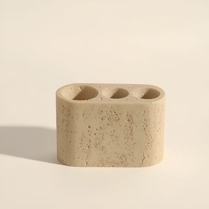 Natural stone toothbrush holder – with soap dispenser and shelf | Elegant bathroom accessories made of travertine | Bowlift