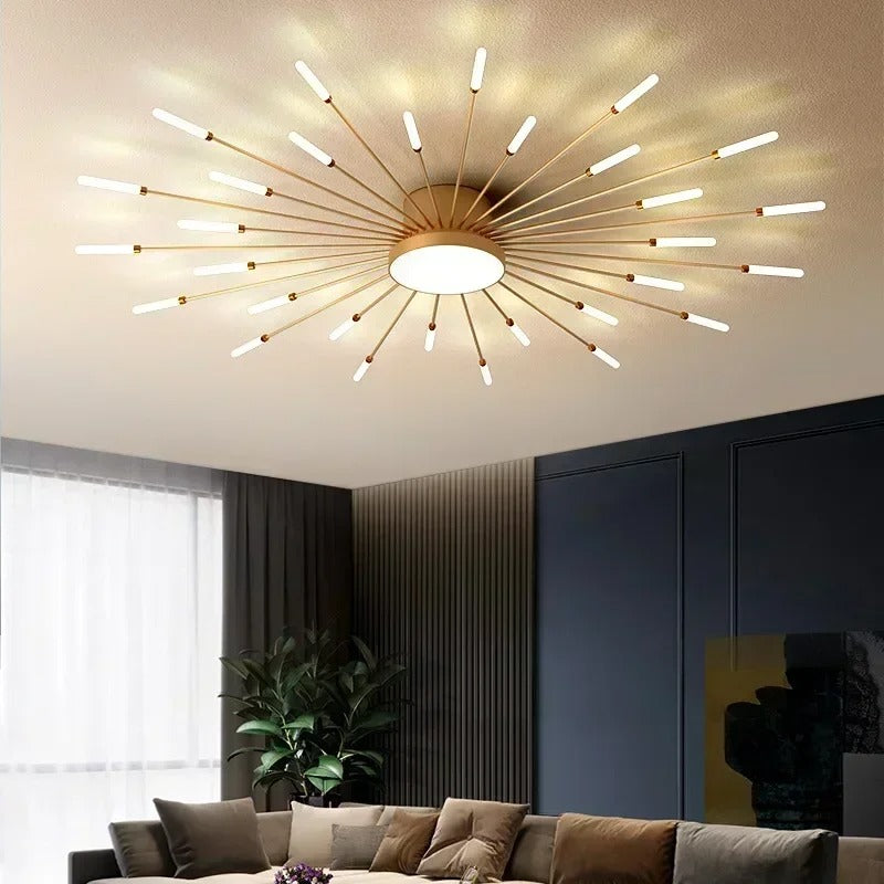 BowLift | Modern Industrial Ceiling Lamp Sputnik Fireworks | Black & Gold Finish. LED Lighting for Living Room. Dining Room & Bedroom Decor