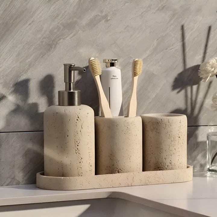Natural stone toothbrush holder – with soap dispenser and shelf | Elegant bathroom accessories made of travertine | Bowlift
