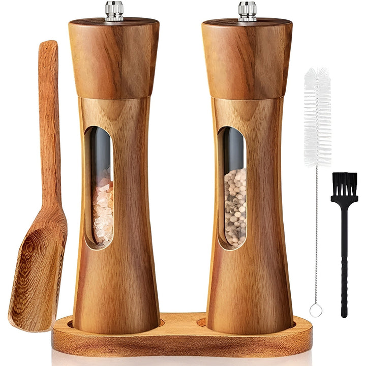 Manual salt and pepper mills – wood design with acrylic window | Set of 2 mills | Bowlift