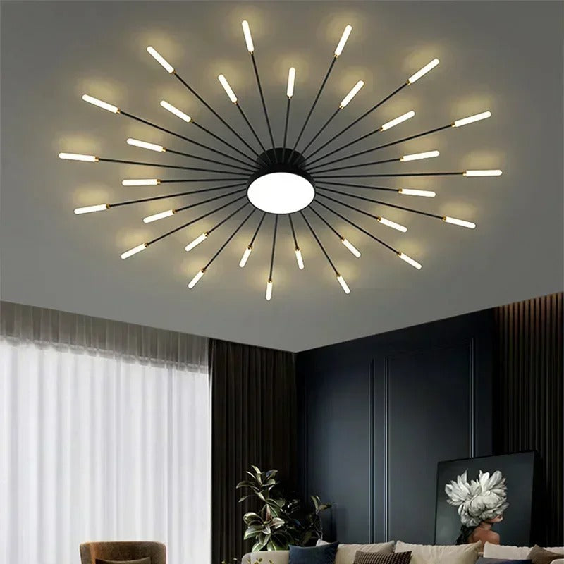 BowLift | Modern Industrial Ceiling Lamp Sputnik Fireworks | Black & Gold Finish. LED Lighting for Living Room. Dining Room & Bedroom Decor