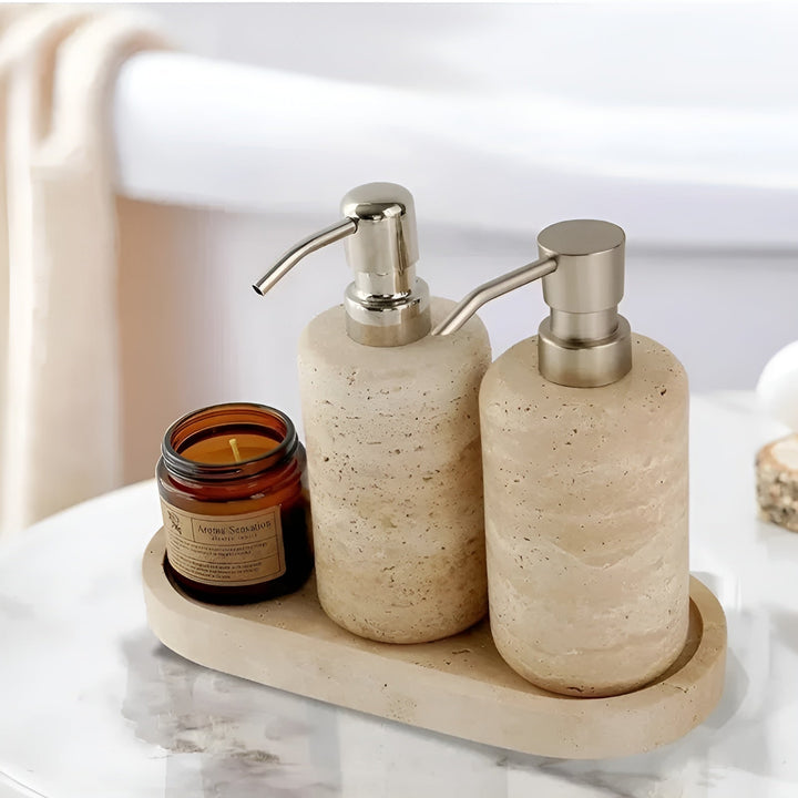 Natural stone toothbrush holder – with soap dispenser and shelf | Elegant bathroom accessories made of travertine | Bowlift