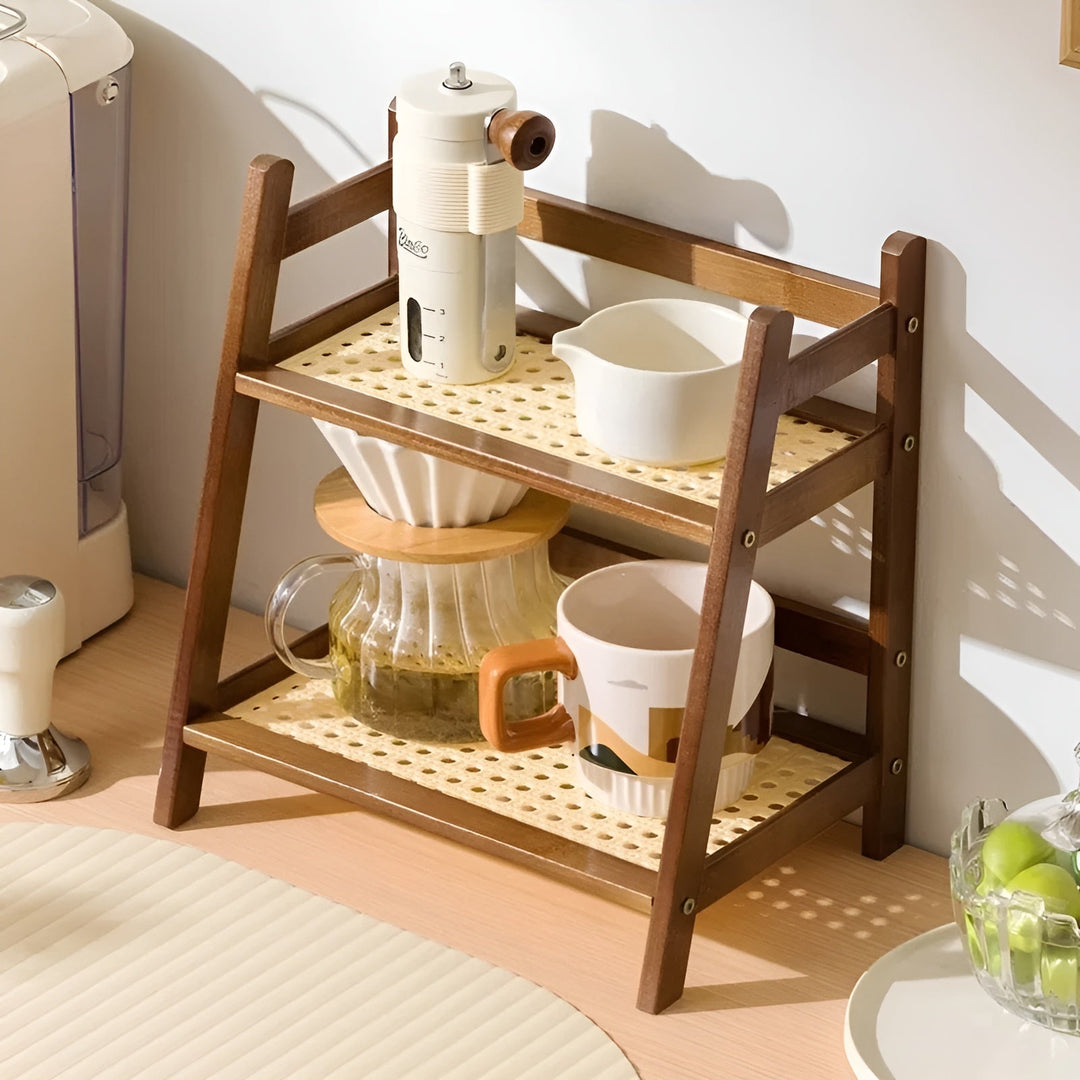 Bamboo imitation kitchen shelf – 2-tier organizer for cups & accessories | Bowlift