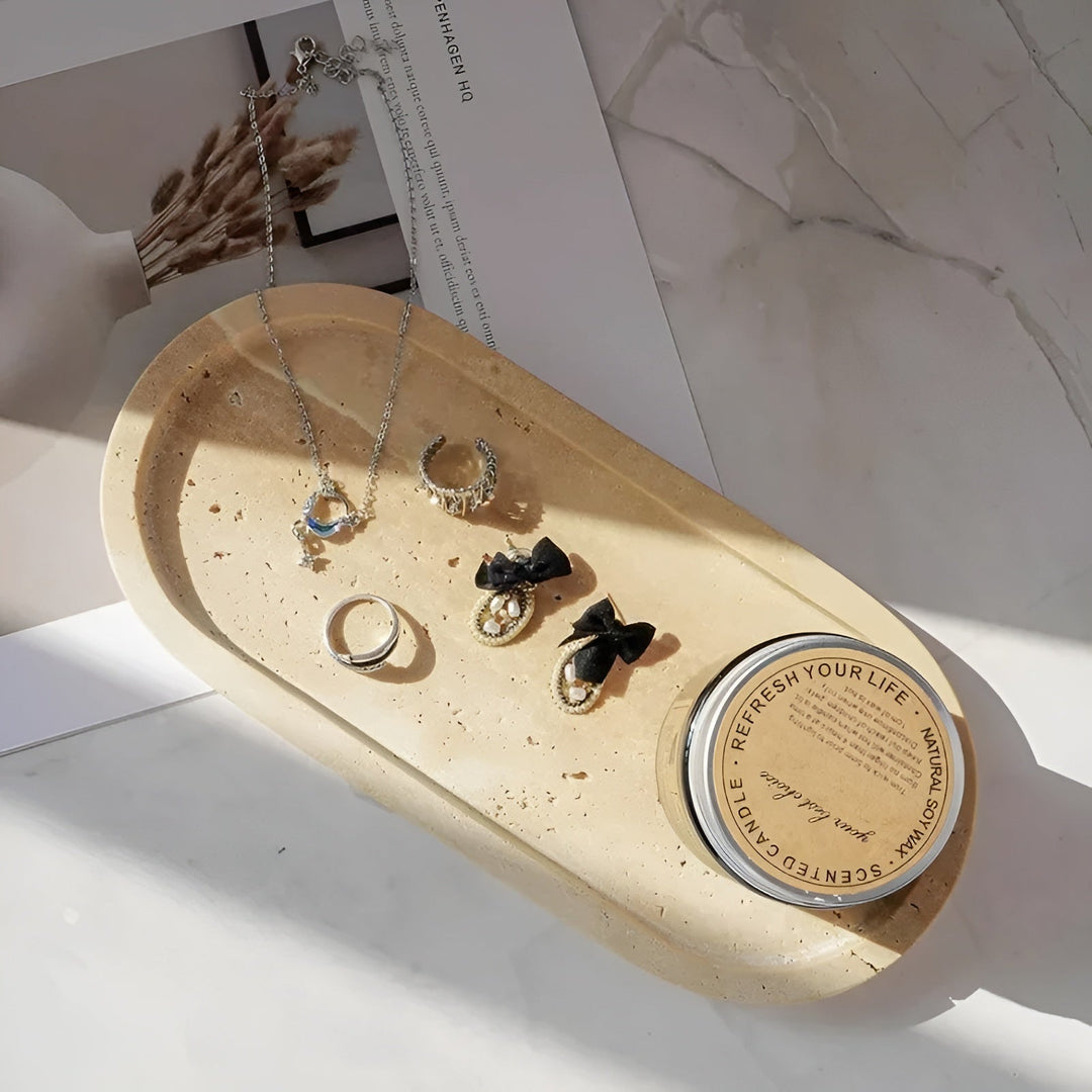 Natural stone toothbrush holder – with soap dispenser and shelf | Elegant bathroom accessories made of travertine | Bowlift