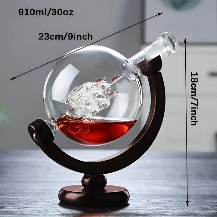 Whisky Decanter Set in Globe Shape – Lead-Free Carafe with Wooden Stand | Includes 2 Whisky Glasses | Bowlift