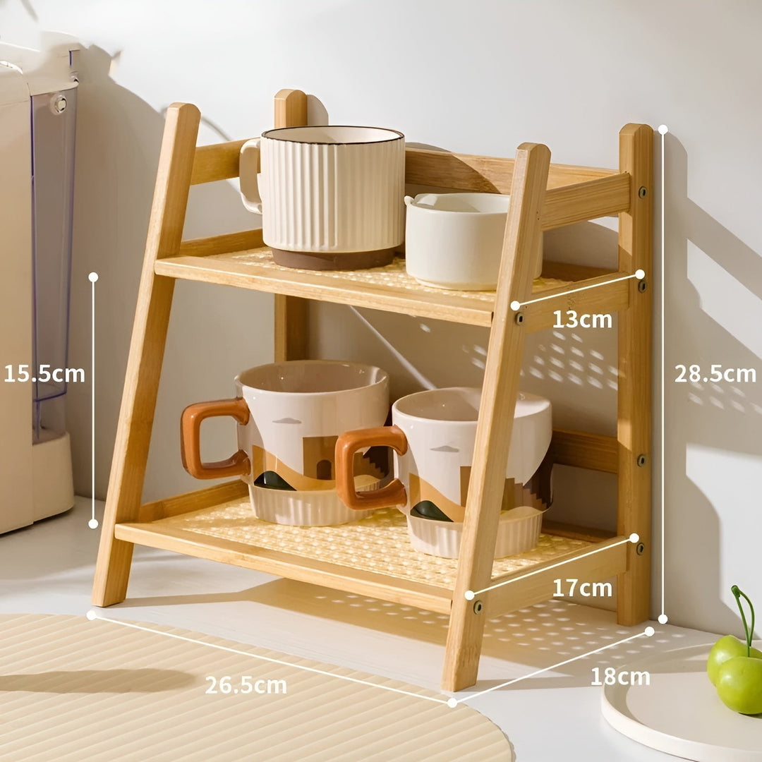 Bamboo imitation kitchen shelf – 2-tier organizer for cups & accessories | Bowlift