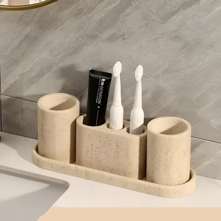 Natural stone toothbrush holder – with soap dispenser and shelf | Elegant bathroom accessories made of travertine | Bowlift