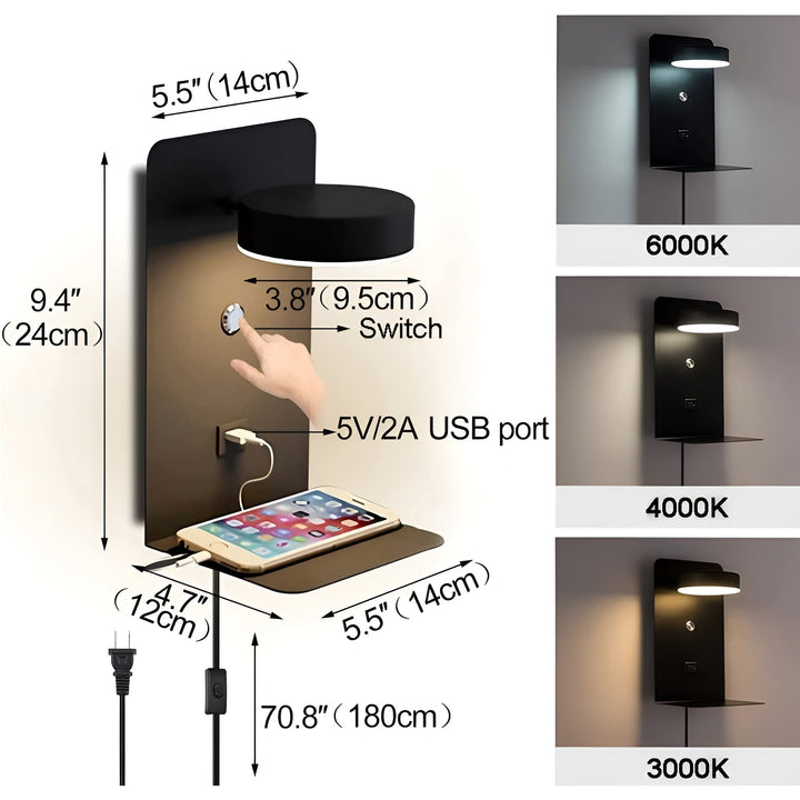 BowLift | ChargeBright Luxe LED Wall Lamp with USB Charging Port - Modern Black-White Design