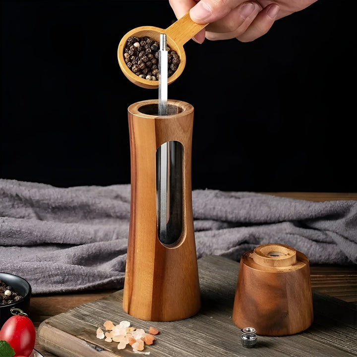 Manual salt and pepper mills – wood design with acrylic window | Set of 2 mills | Bowlift