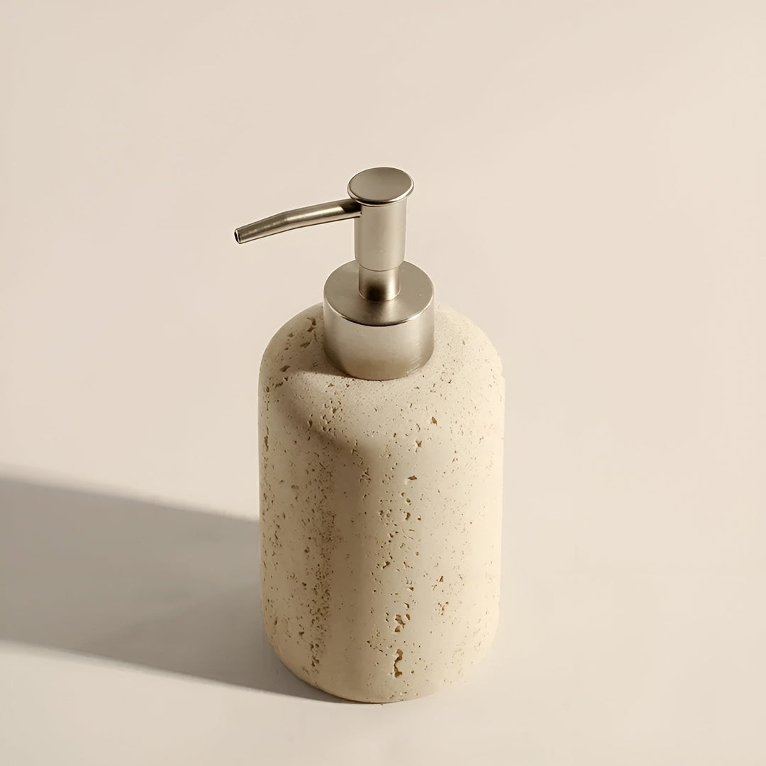 Natural stone toothbrush holder – with soap dispenser and shelf | Elegant bathroom accessories made of travertine | Bowlift