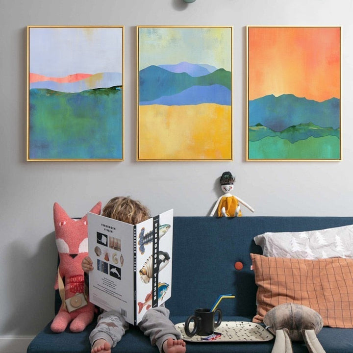 Abstract Blue Yellow Watercolor Horizon - Canvas Wall Art Print | Bowlift