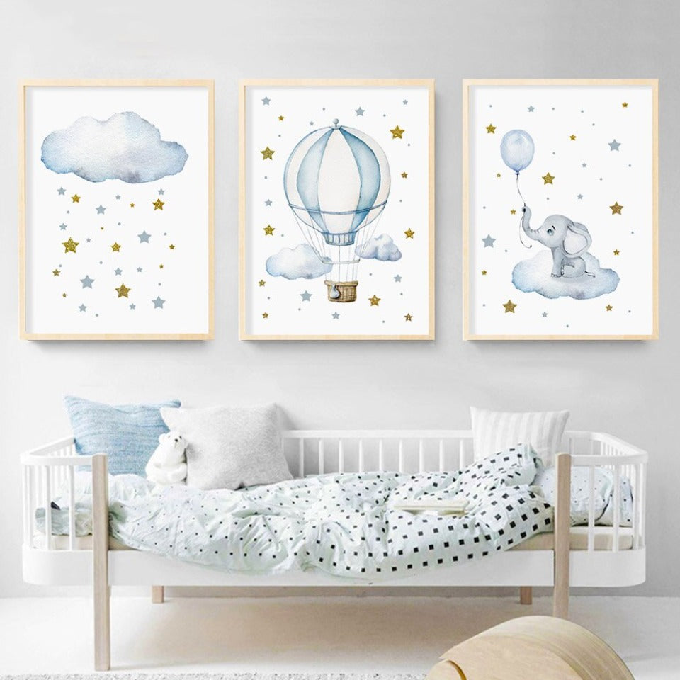Blue Hot Air Balloon Elephant - Canvas Wall Art Print | Bowlift