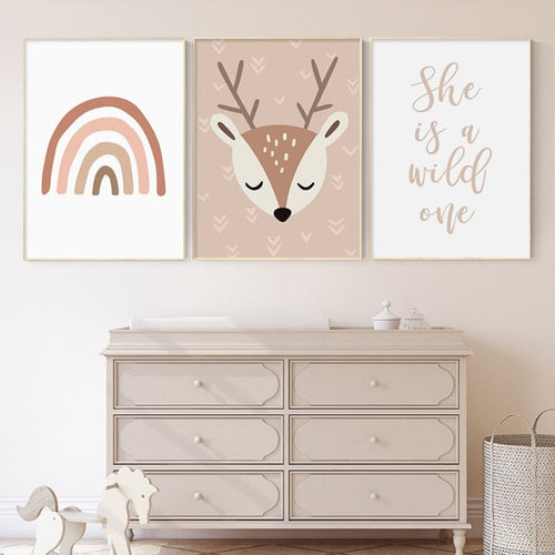 Boho Rainbow Cartoon Fawn - Canvas Wall Art Print | Bowlift